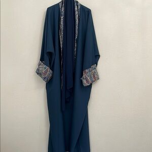 Teal Blue Embroidered Trim Open Abaya